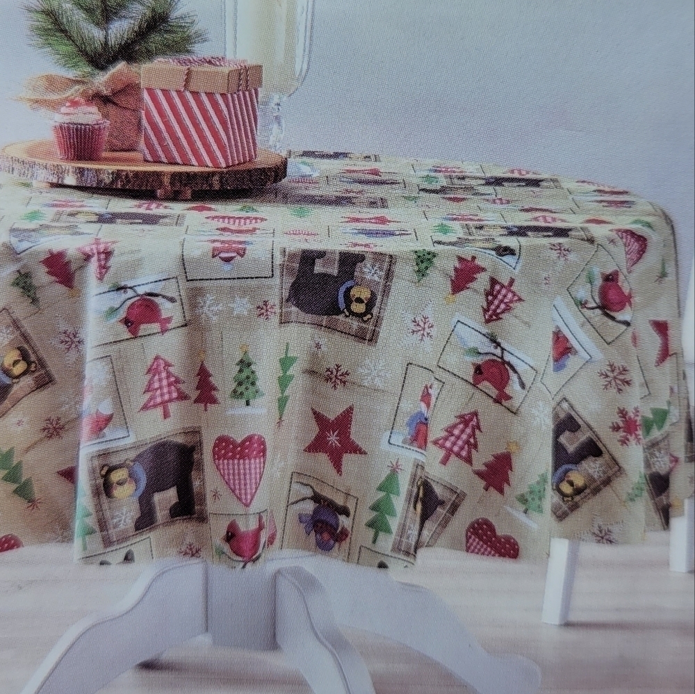 Holiday Time Christmas Farmhouse Theme Round Vinyl Tablecloth